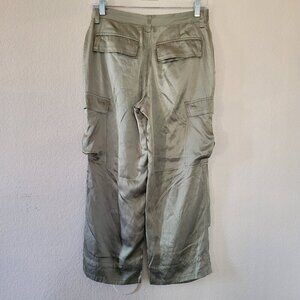 Womens 100% Silk Cargo Pants Size 2 Green Satin Y2k 90s Utility Military Kenar
